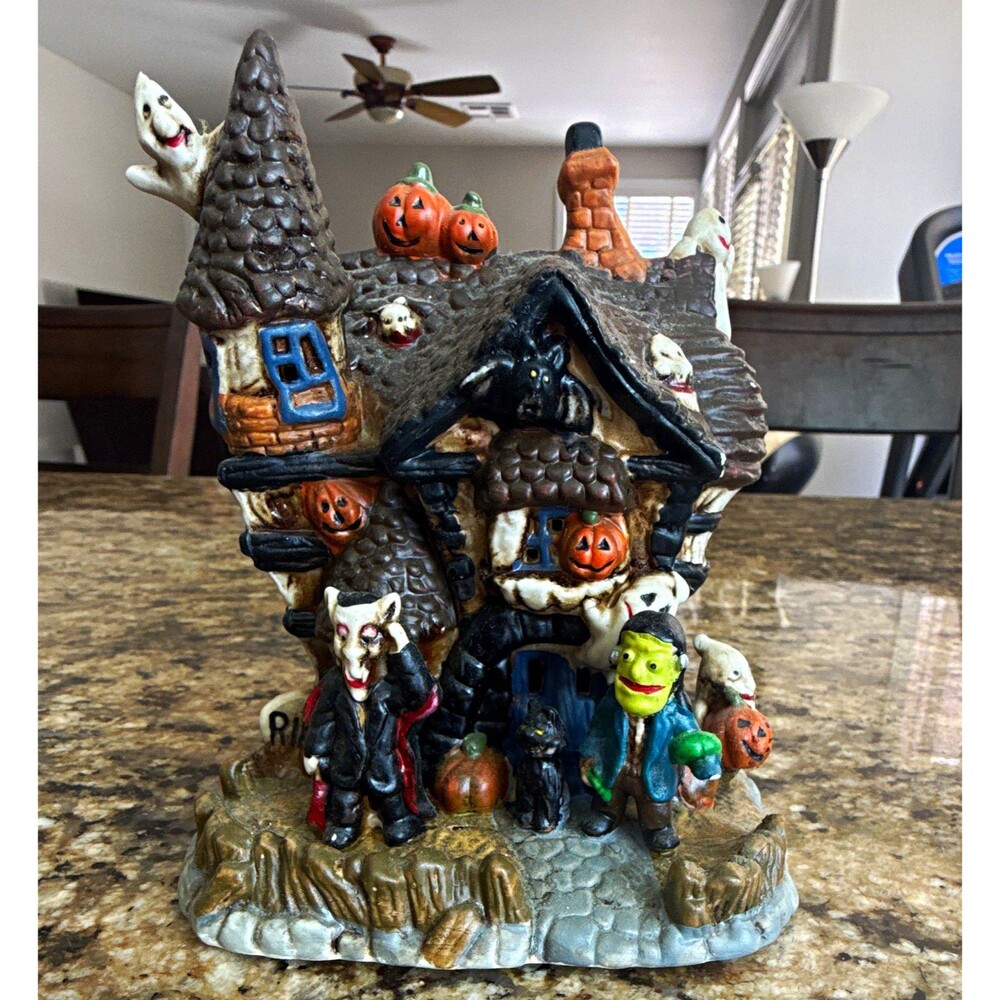 Halloween Haunted House Village House Decor, Painted Ceramic Multicolor w/ Ghost